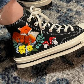 High-top Embroidered Foxes Mom and Mushroom Flowers garden Shoes